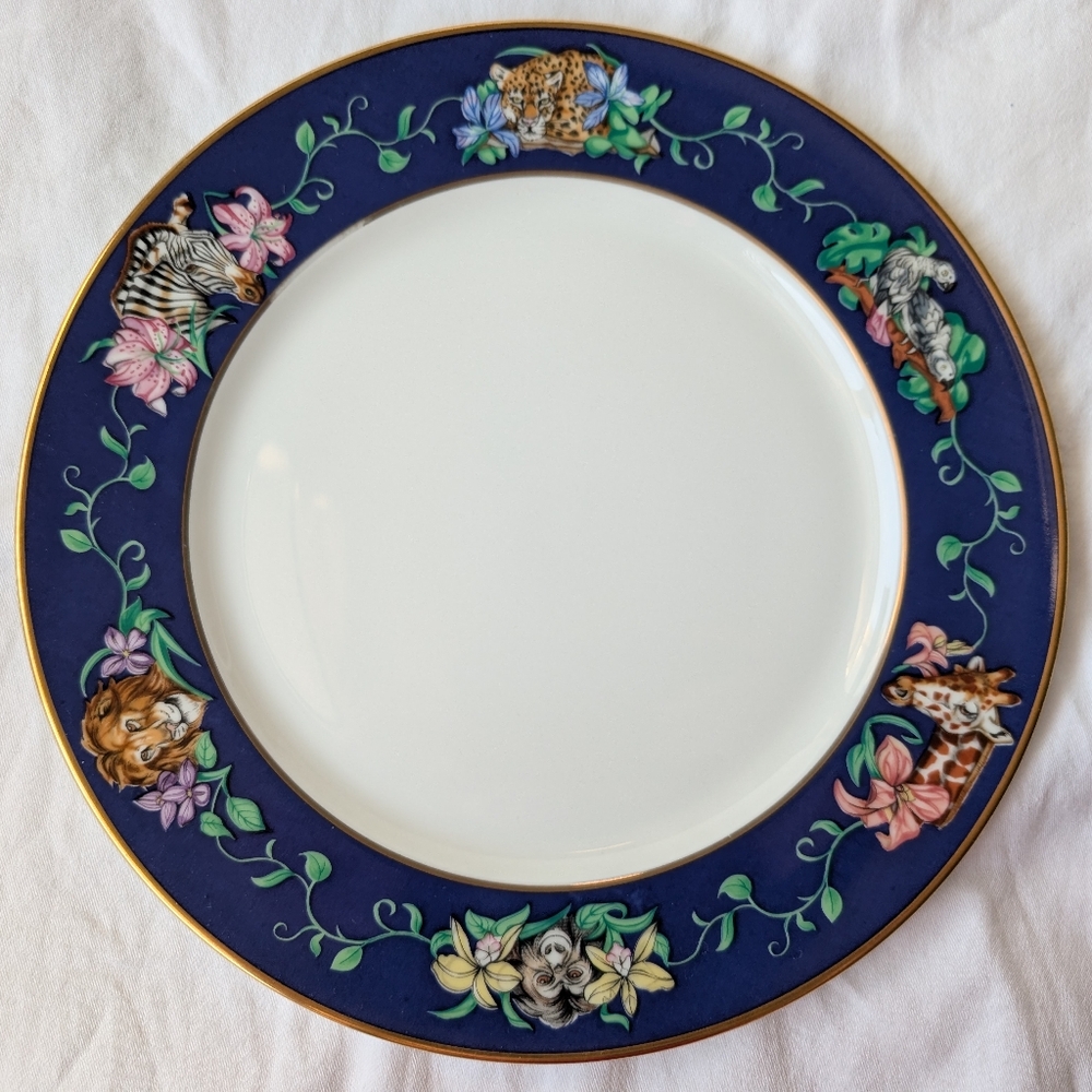 Franciscan Rafiki Blue Floral Animals Gold 4 Place Setting Pieces Discontinued - Picture 2 of 16